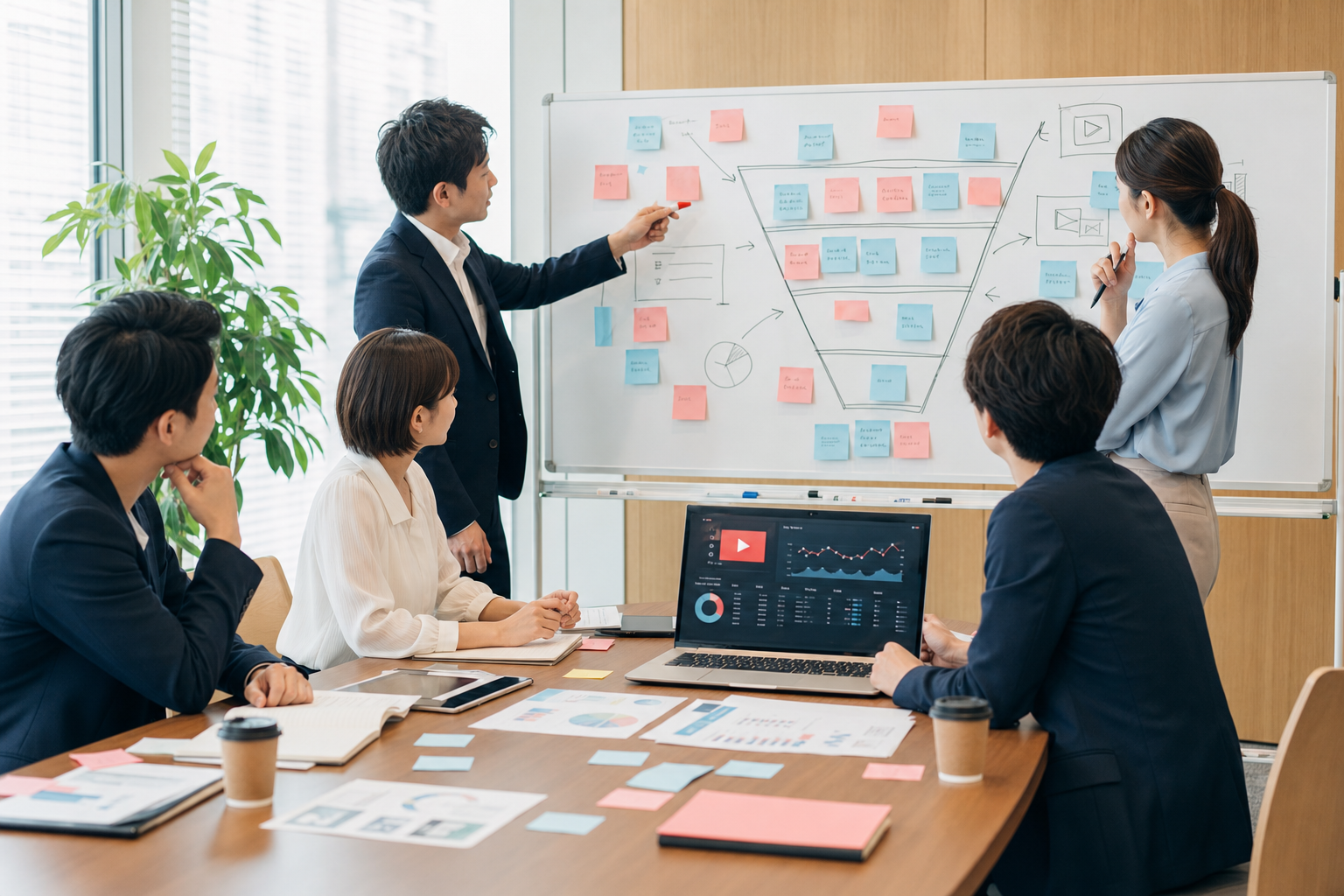 企業のYouTube企画を会議室で立案するマーケティングチーム