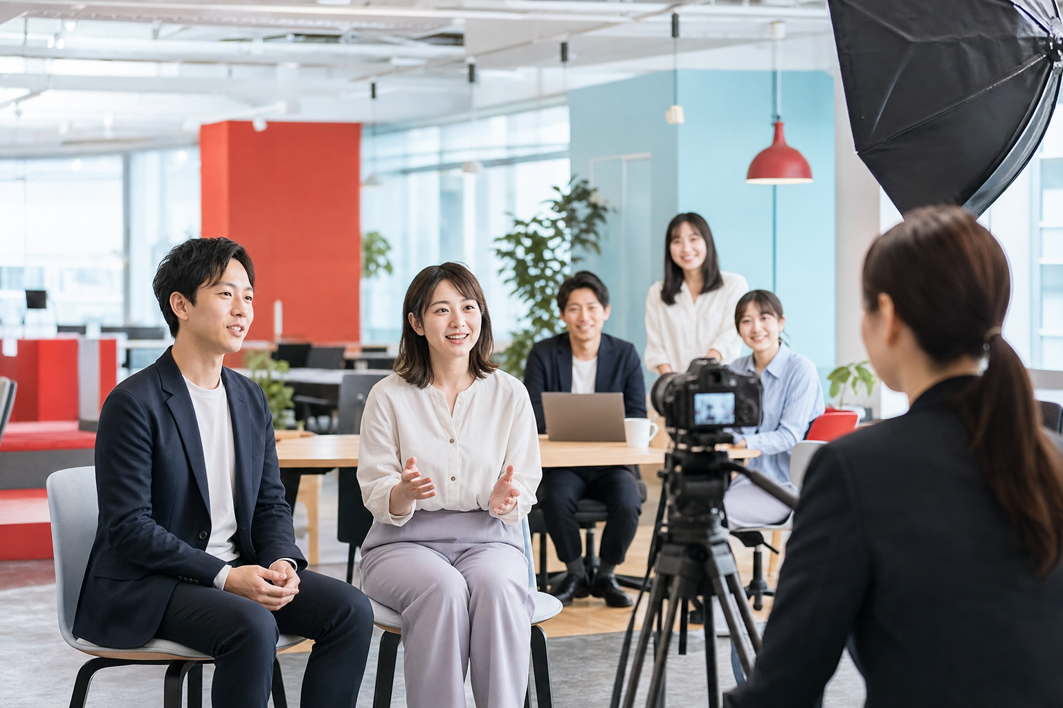 オフィスで採用動画を撮影する企業と社員の様子