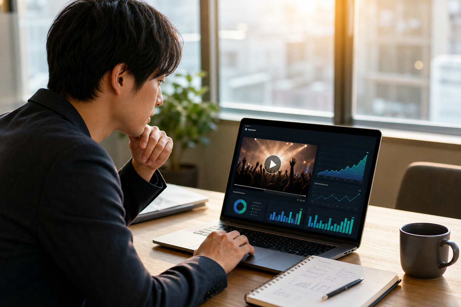 ノートPCで動画の成果指標とKPIを確認するマーケティング担当者