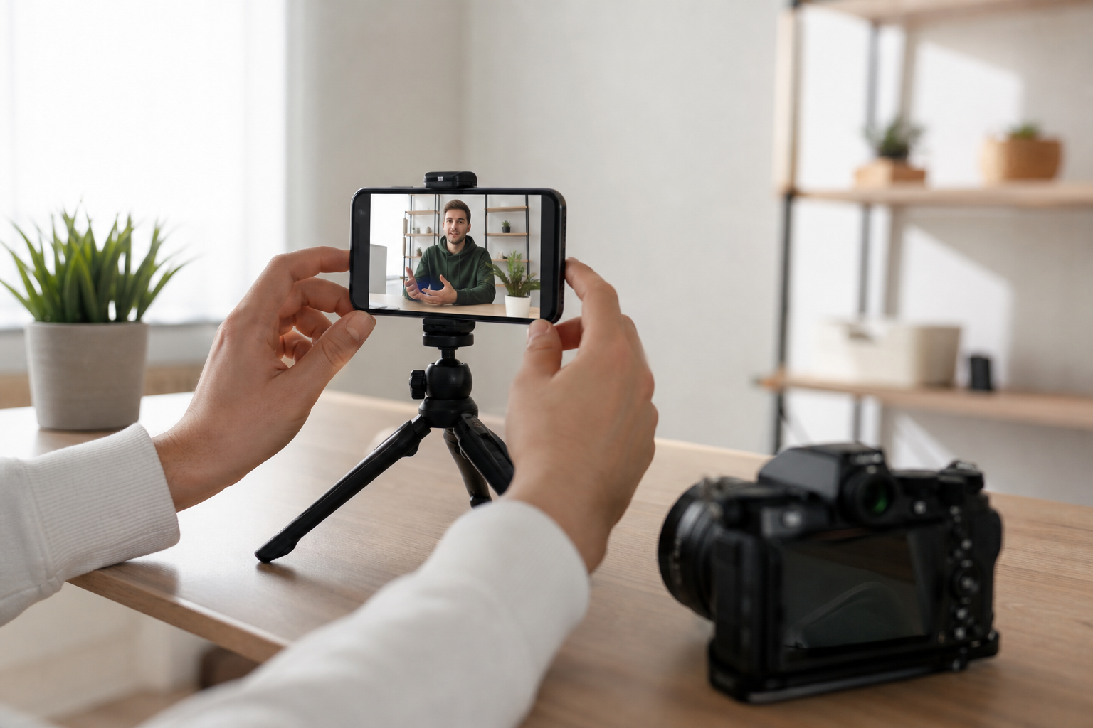 スマホで動画撮影を始める様子とカメラ