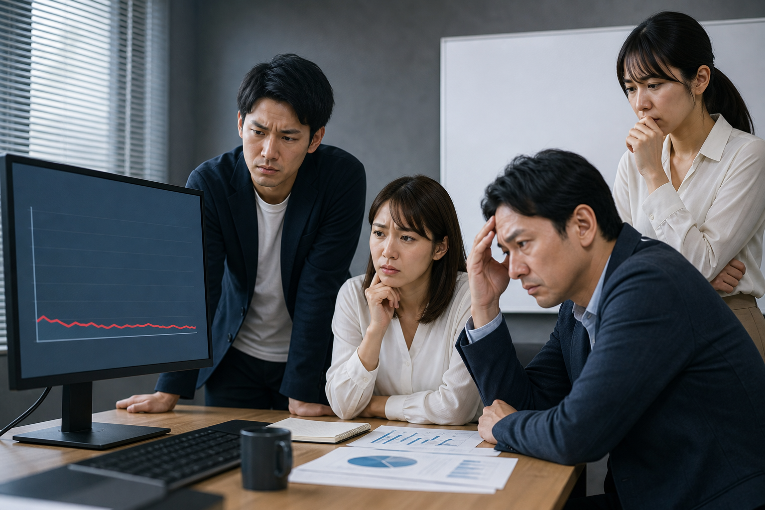 再生数が伸び悩む企業YouTubeの分析画面を見るチーム