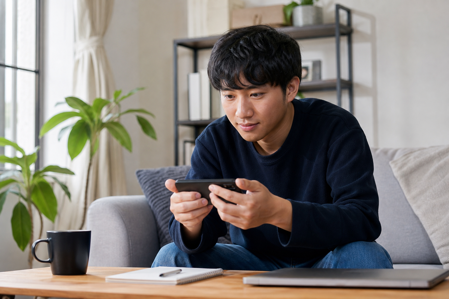 スマホで企業の動画を見て情報収集する若い求職者