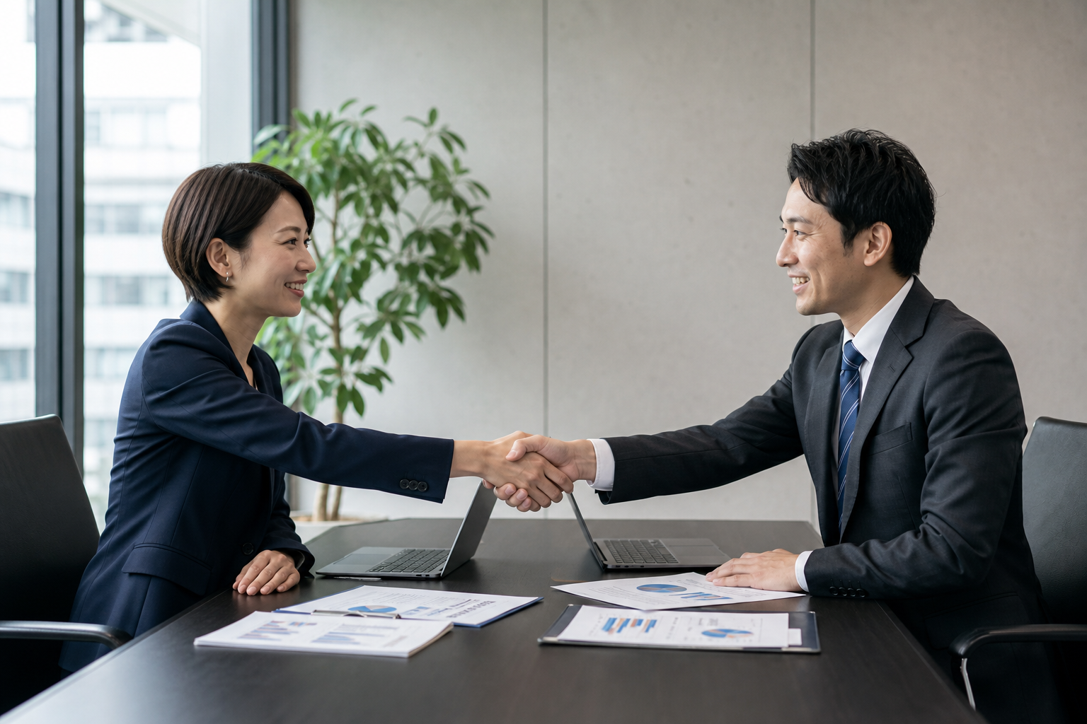 社内チームと外部パートナーの連携を表す握手を交わすビジネスパーソン