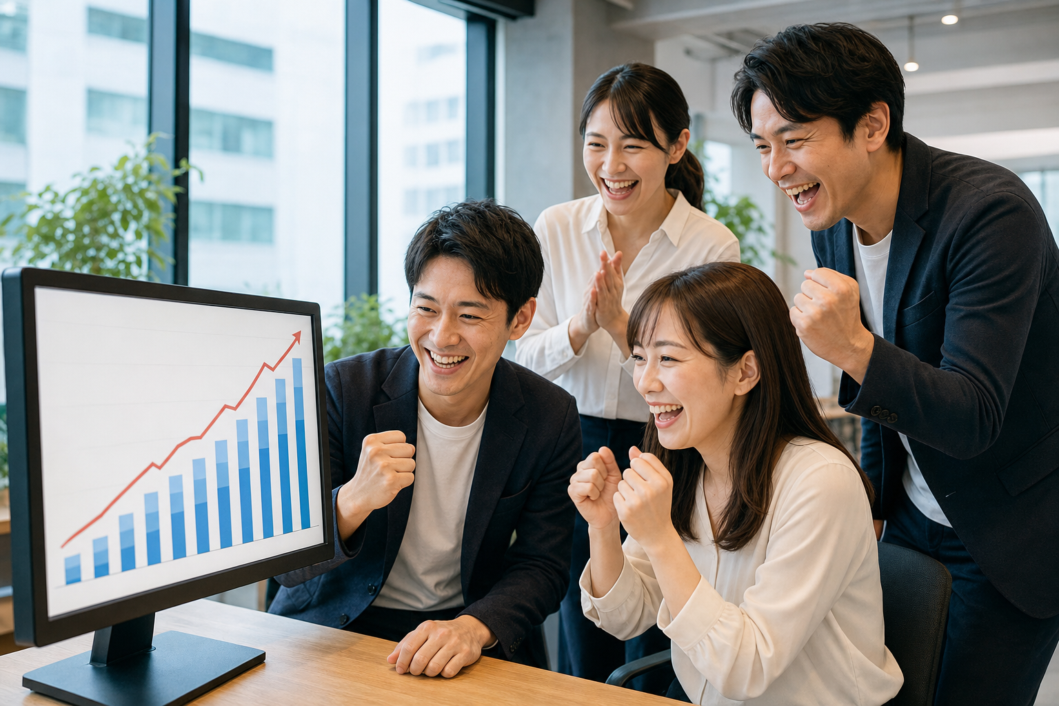登録者と問い合わせが急増したグラフを見て成果を喜ぶビジネスチーム