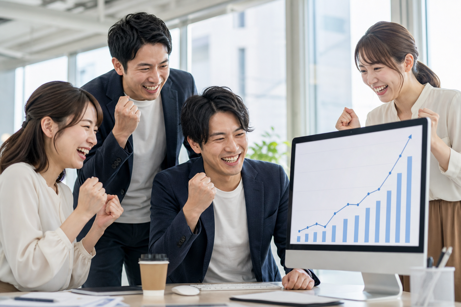 登録者や問い合わせが急増したグラフを見て成果を喜ぶビジネスチーム