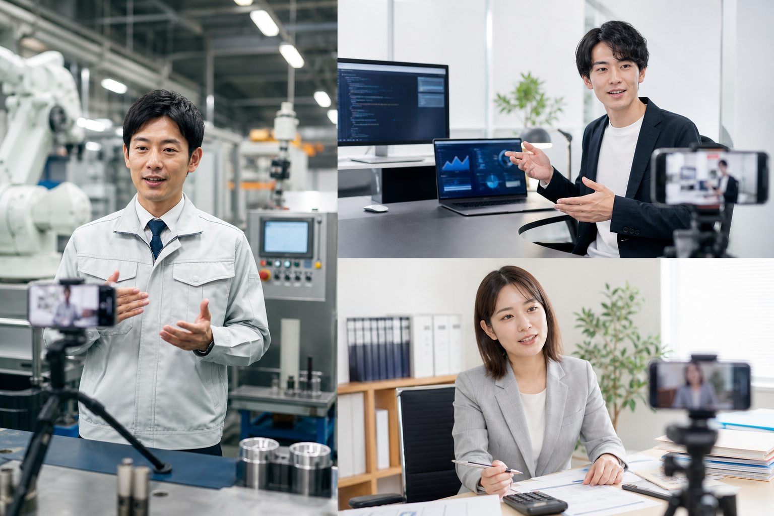 業種別の中小BtoB企業のYouTube成功事例を象徴する多業種のビジネス風景
