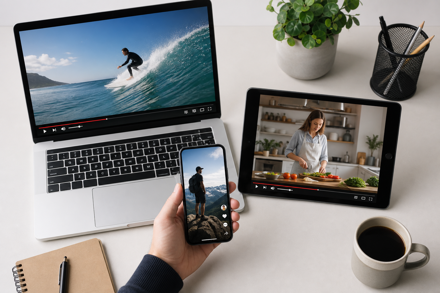 横長動画のノートPCと縦型動画のスマホなど複数デバイスで動画を配信するイメージ