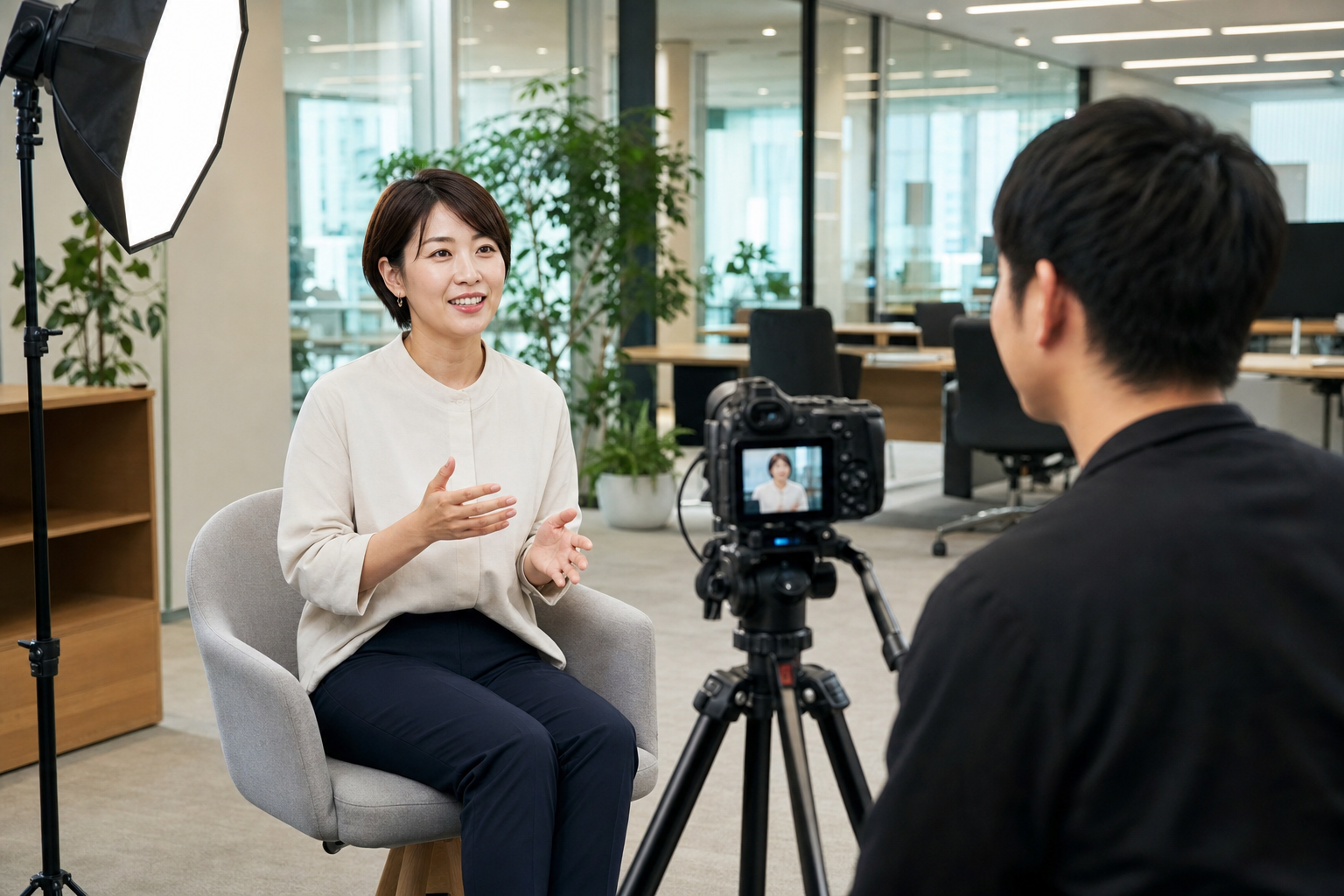 社員インタビューを撮影する採用YouTubeの制作風景