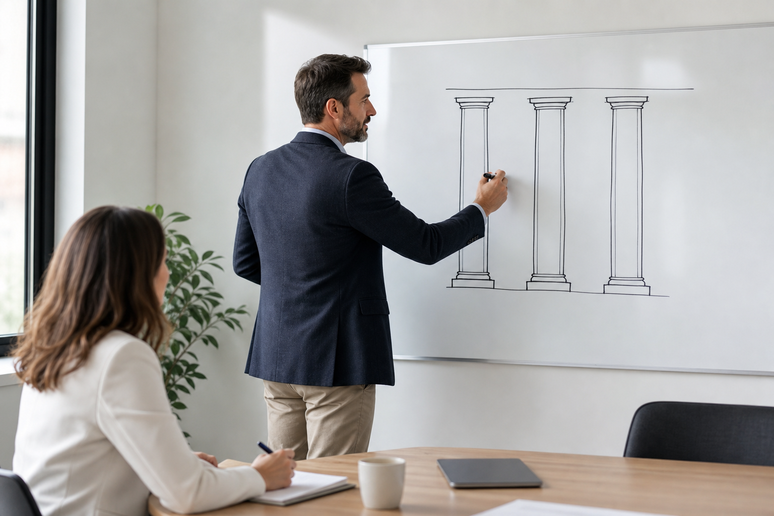 ホワイトボードに3本の柱を描いて成果を分ける設計を説明するビジネスパーソン