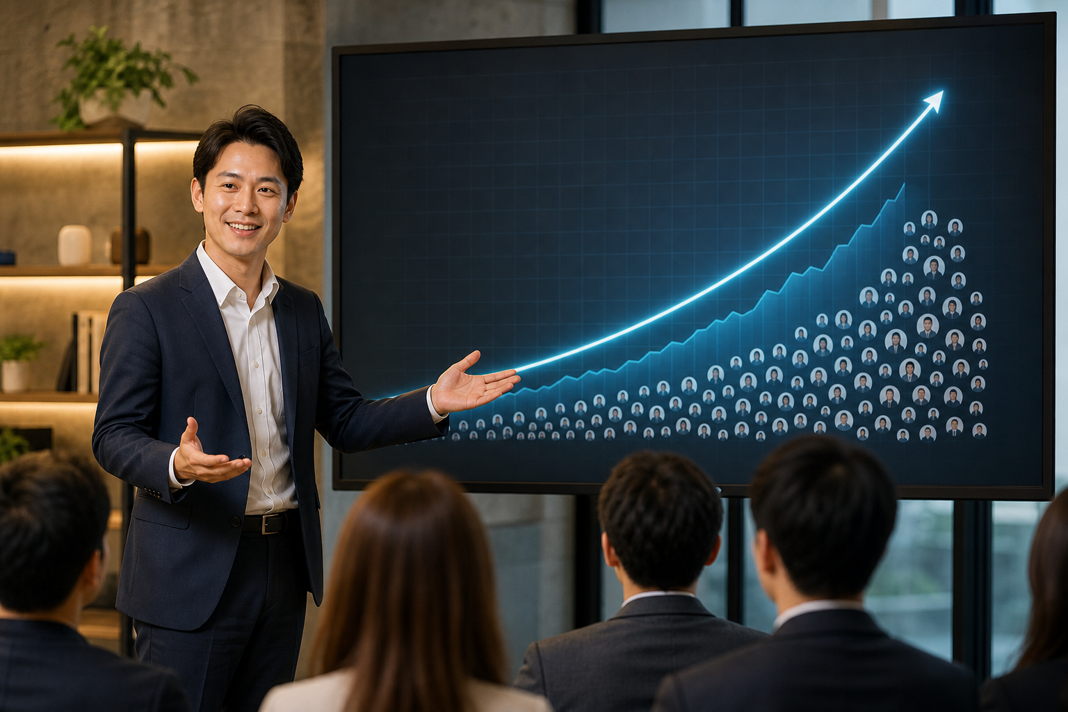 右肩上がりの成長と集まる視聴者を示す画面の前で手応えを語るマーケター