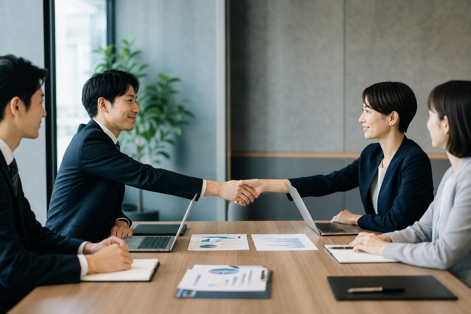 社内チームと外部パートナーの連携を表す握手を交わすビジネスパーソン