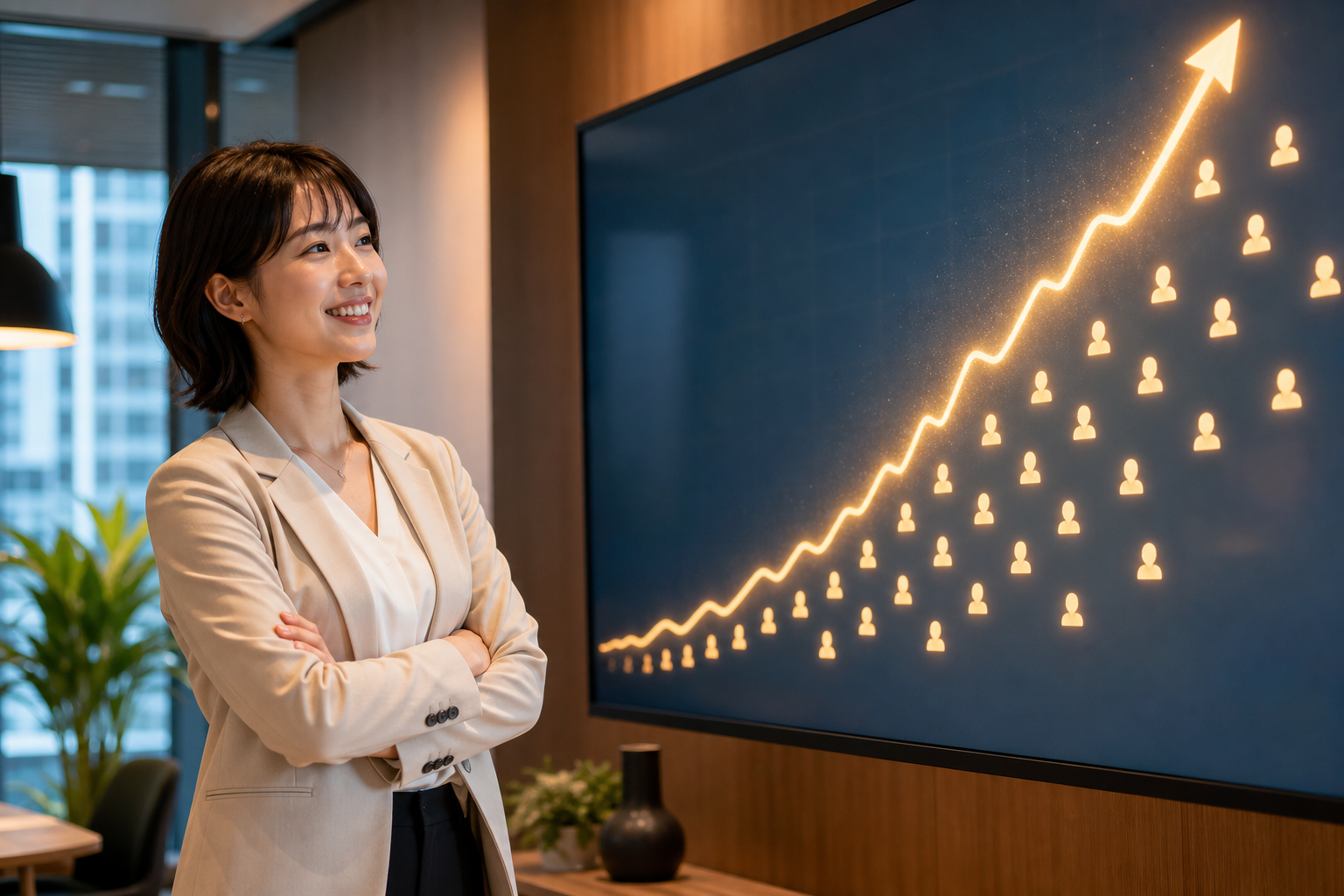 右肩上がりの成長と集まる視聴者を示す画面を見て手応えを感じるマーケター
