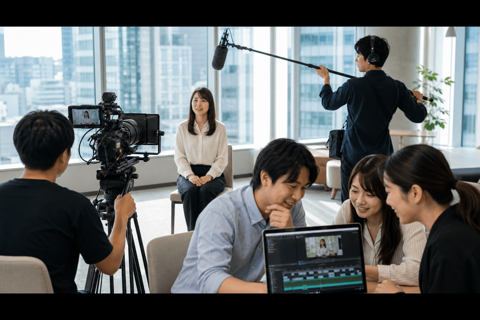 採用動画の撮影現場でインタビューを受ける女性社員とカメラクルー