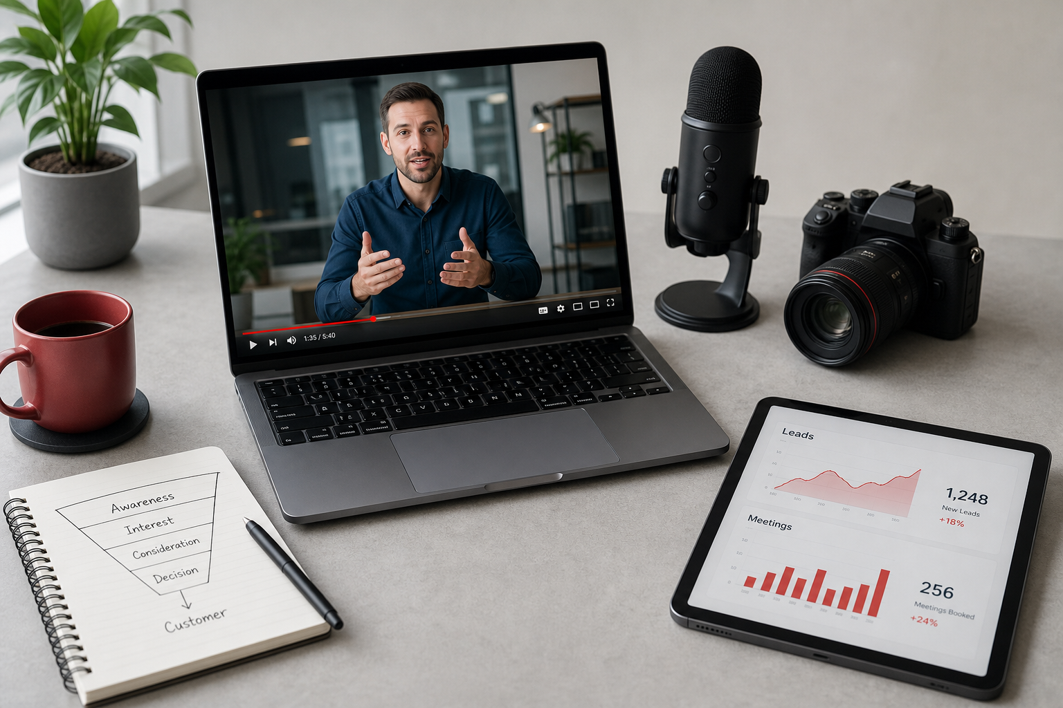 BtoB企業のYouTube活用をイメージしたマーケティングのデスク