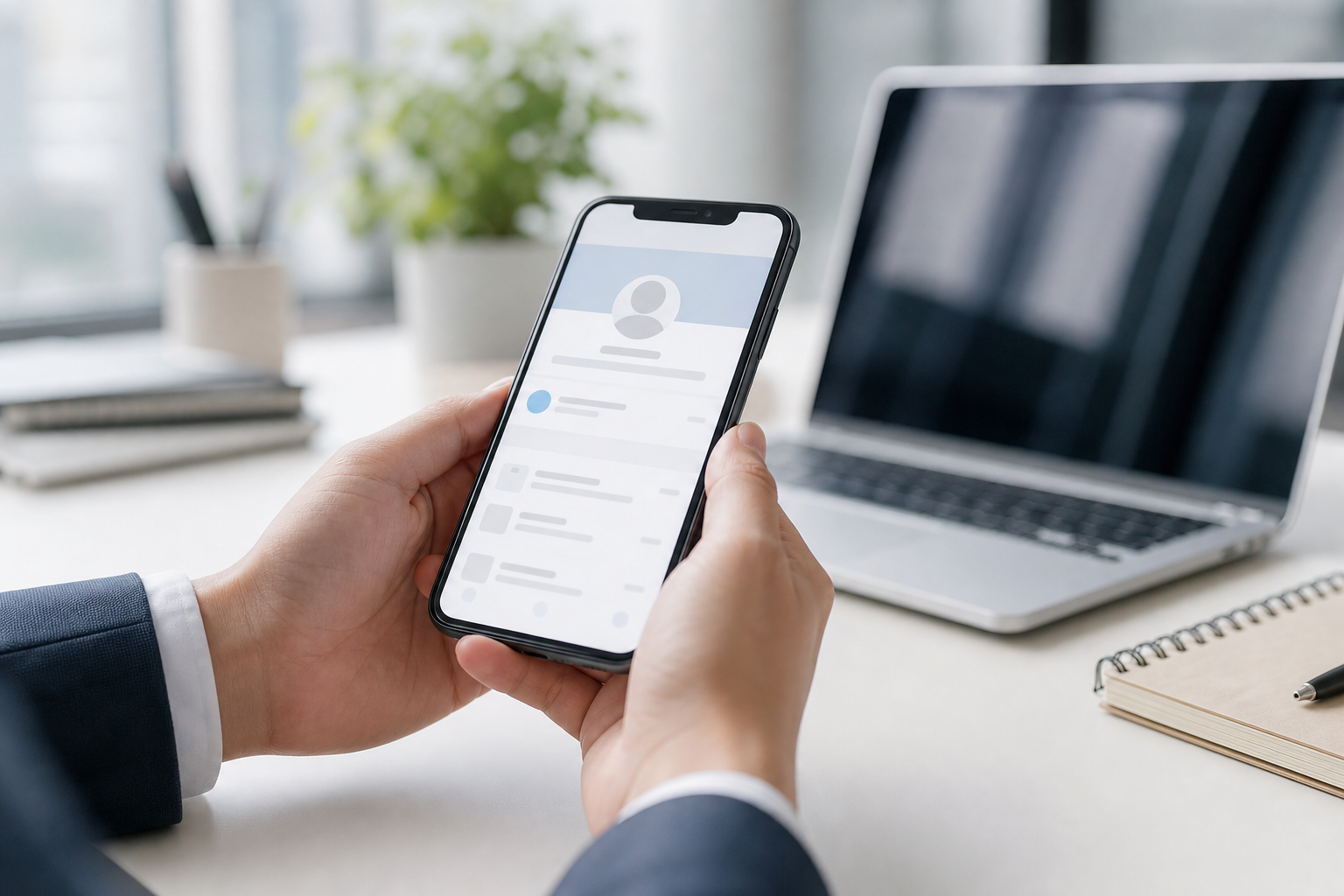 スマートフォンでTikTokのプロフィール画面を確認する企業のSNS担当者の手元