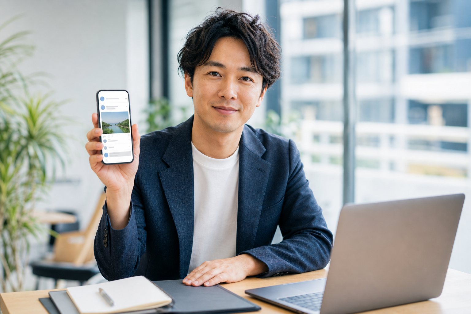 スマートフォンでInstagramの投稿を確認する日本人のマーケティング担当者