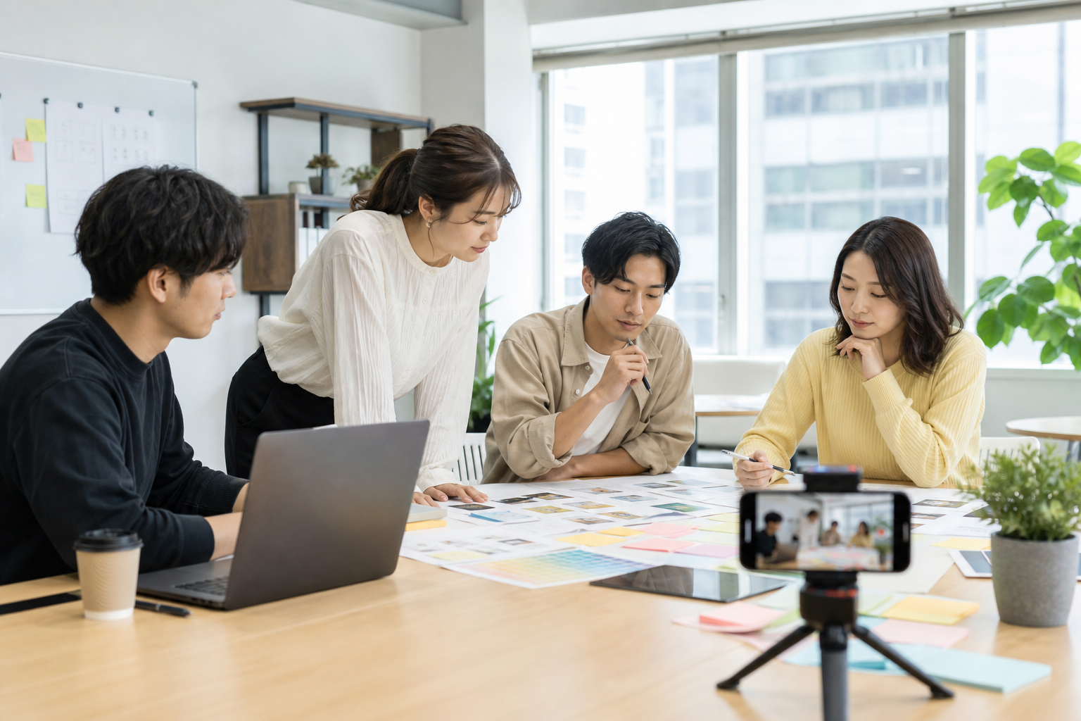 オフィスでSNSコンテンツ制作を進める企業のマーケティングチーム