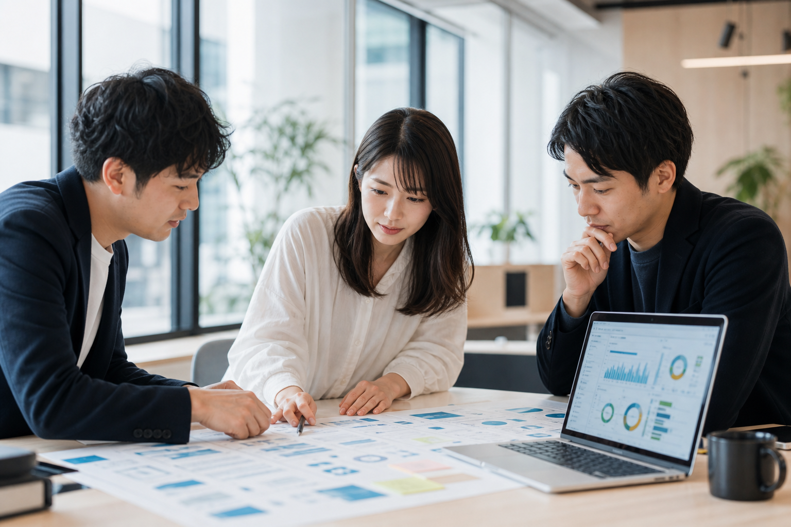 オフィスでSNSアカウント設計の計画シートを囲んで議論する日本の企業チーム