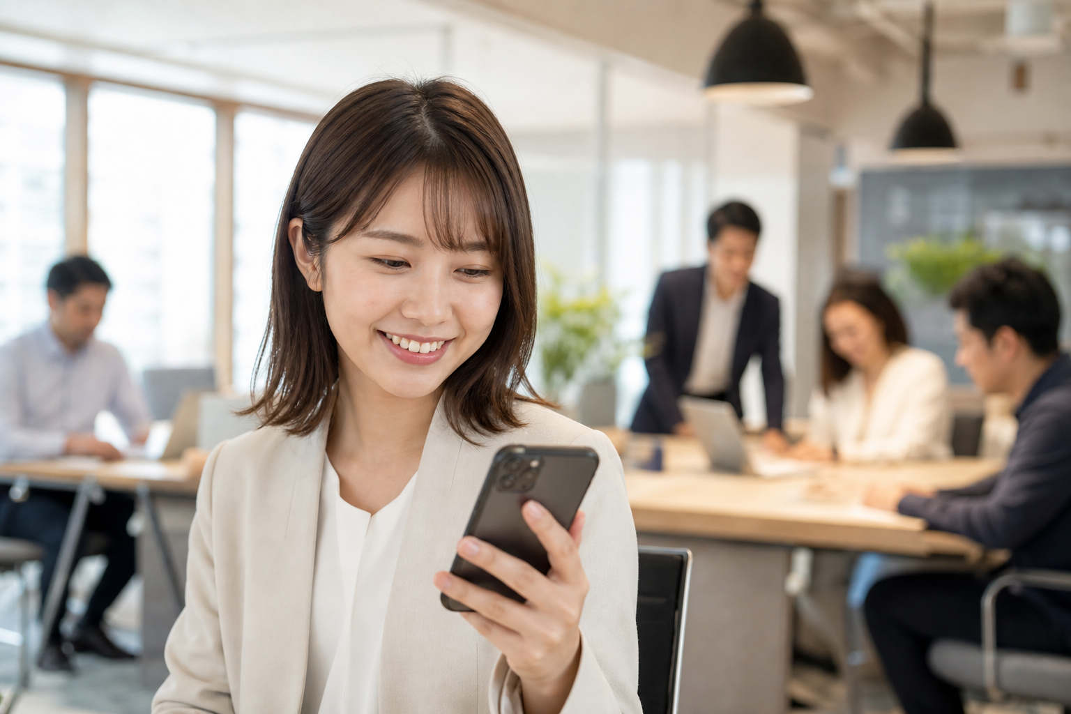 スマートフォンでSNSを確認する採用担当者と、和やかに働くチームの様子