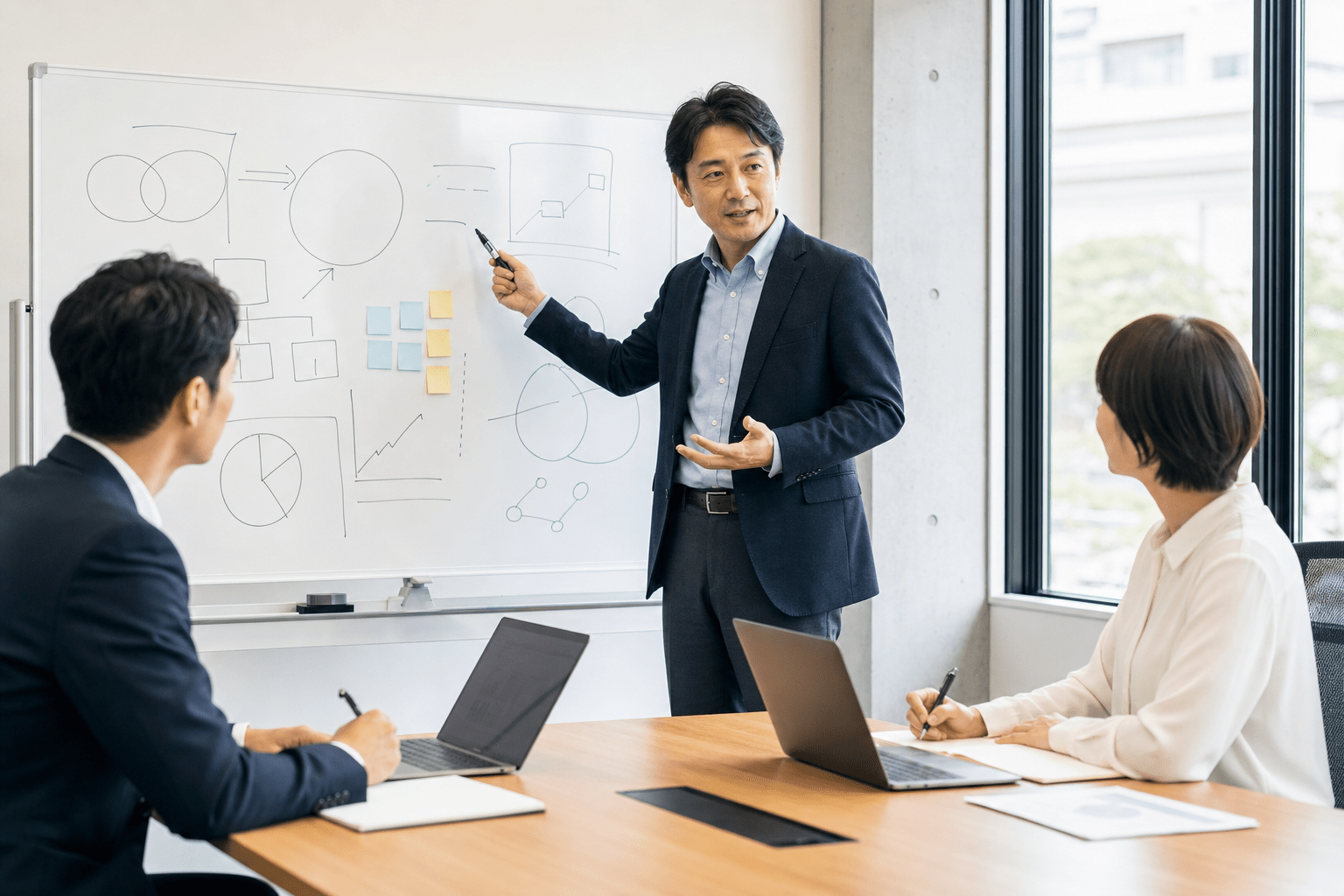日本人ビジネスパーソンがSNSマーケティングの全体設計を議論する様子
