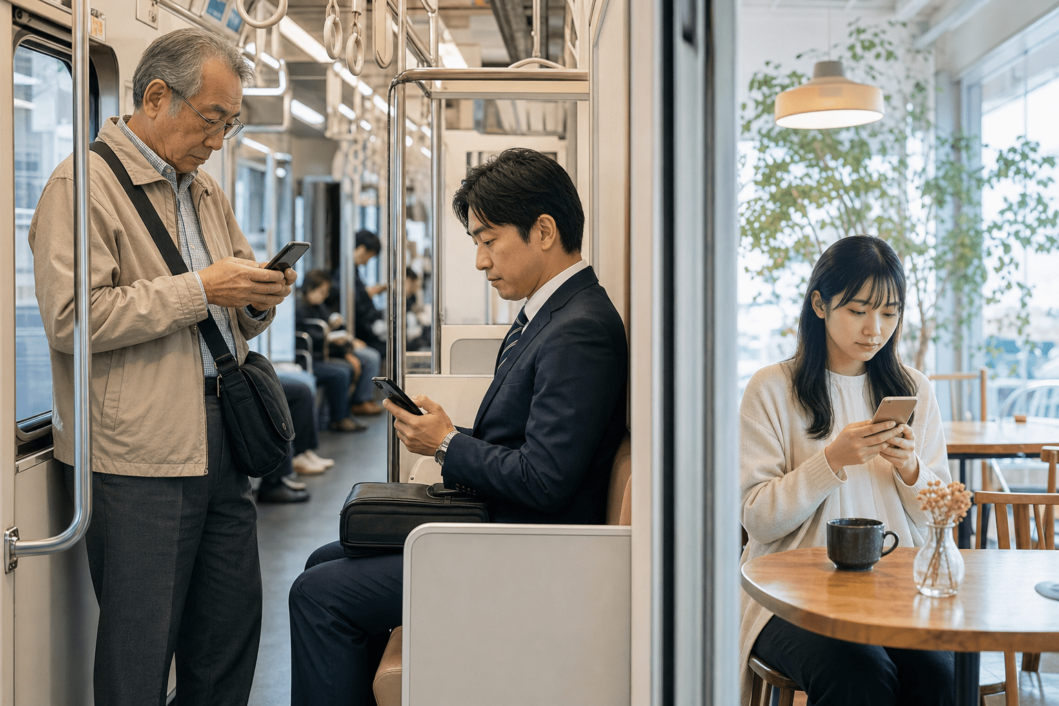幅広い世代の日本人がスマートフォンでSNSを日常的に利用している様子