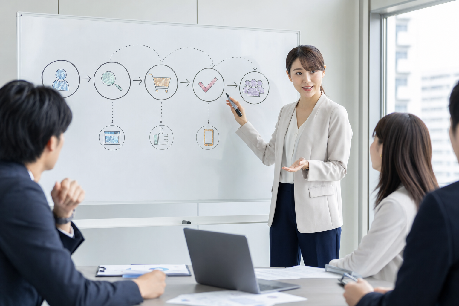 リード獲得の意味と目的を説明するビジネスミーティングの様子