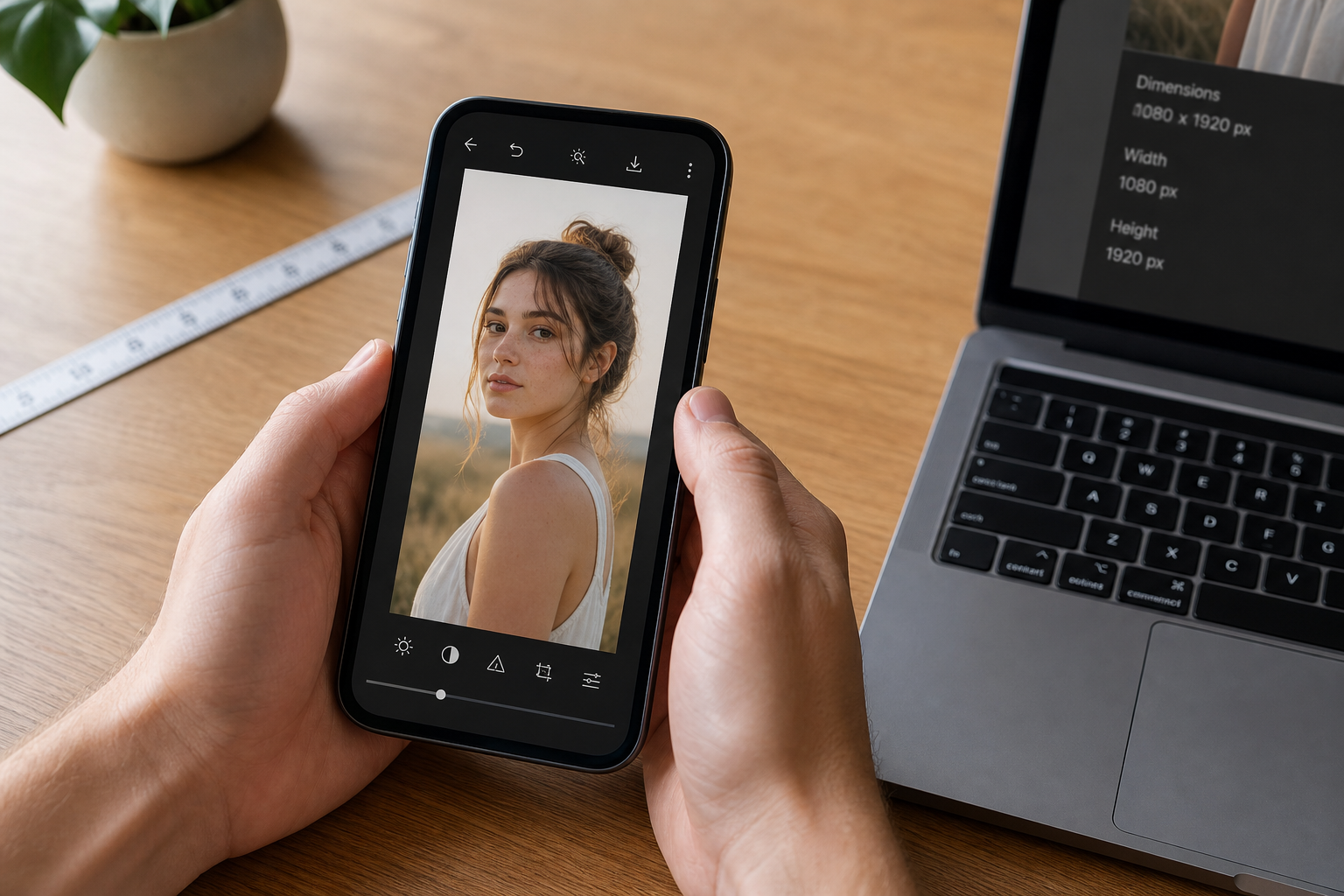 縦長サイズの画像を編集するスマートフォンとデスク