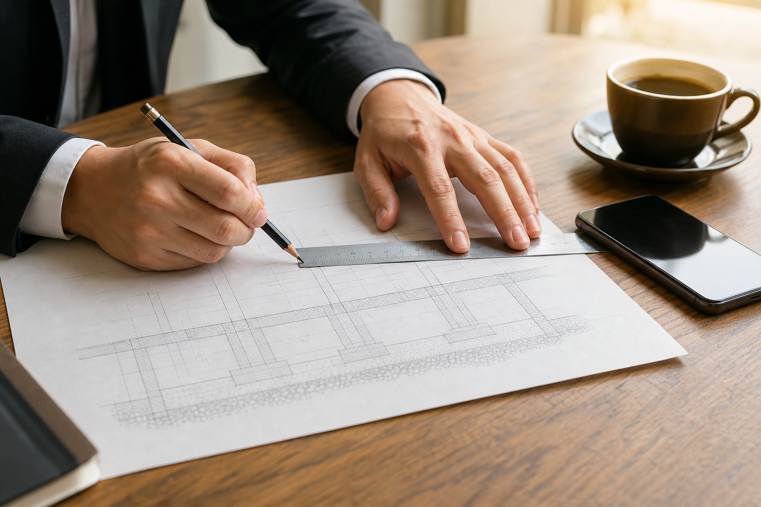 投稿前の初期設計を設計図として紙に描く企業担当者の手元