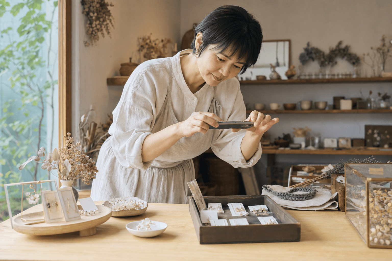 店舗の商品をスマートフォンで撮影する日本人店主