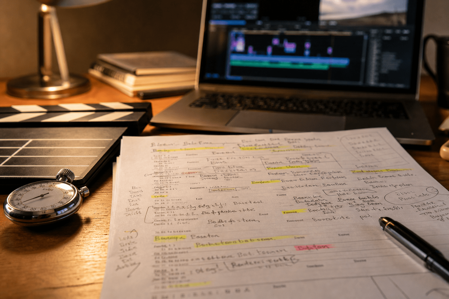 手書きメモが書き込まれた台本とカチンコが置かれたデスク