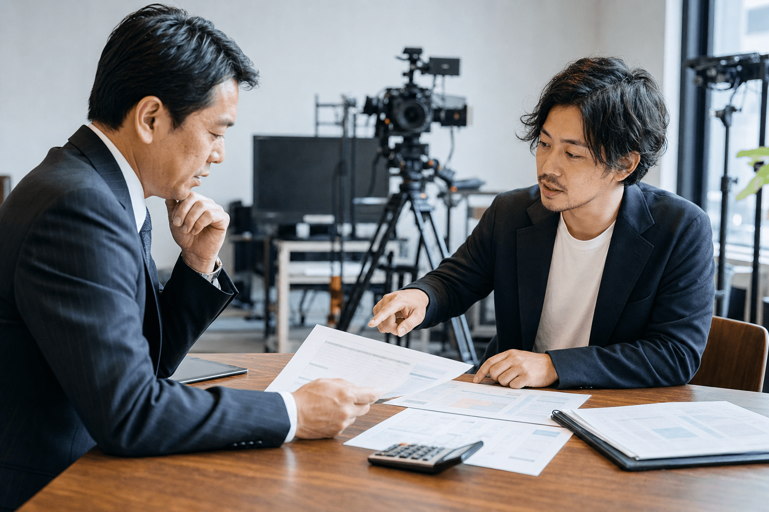 採用動画の見積書を確認しながら打ち合わせをする担当者と制作会社スタッフ