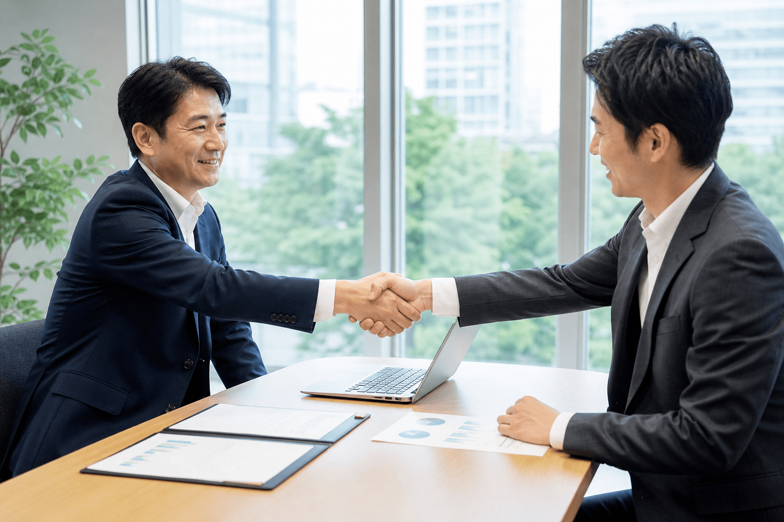 運用代行会社との契約について話し合う日本企業の経営者