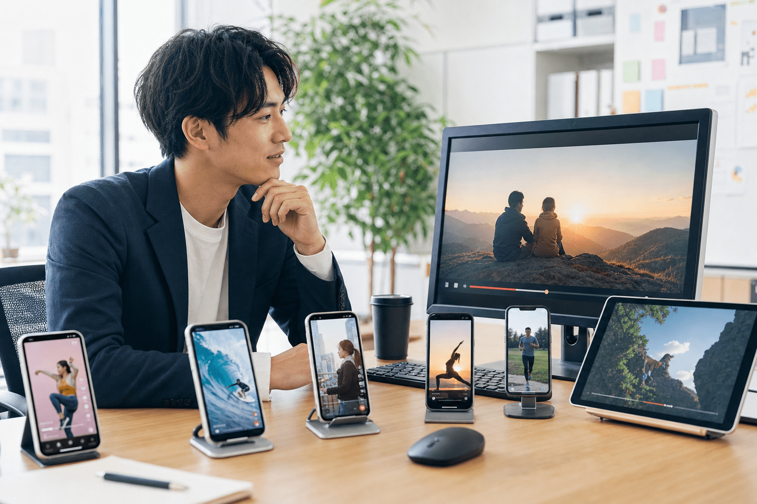 複数のスマートフォンで縦型動画を確認するSNS運用担当者
