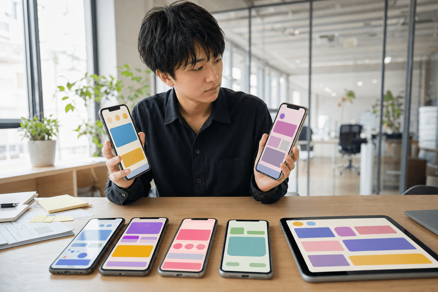 複数のスマートフォンを比較しながら媒体選定を検討する日本人担当者