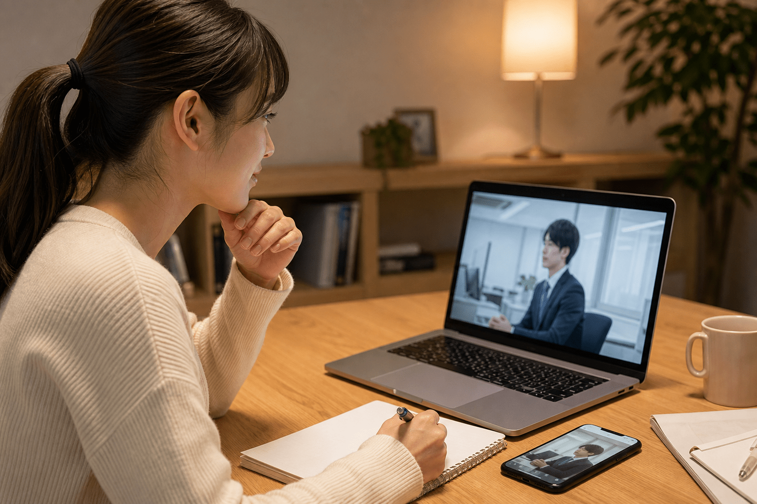 自宅でノートパソコンの採用動画を熱心に視聴する求職者の若い女性