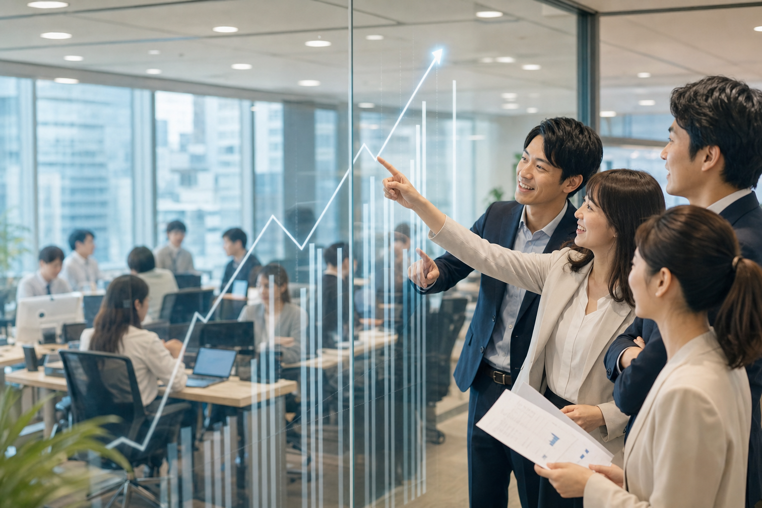 成長を示すグラフと注目を集めるマーケティング
