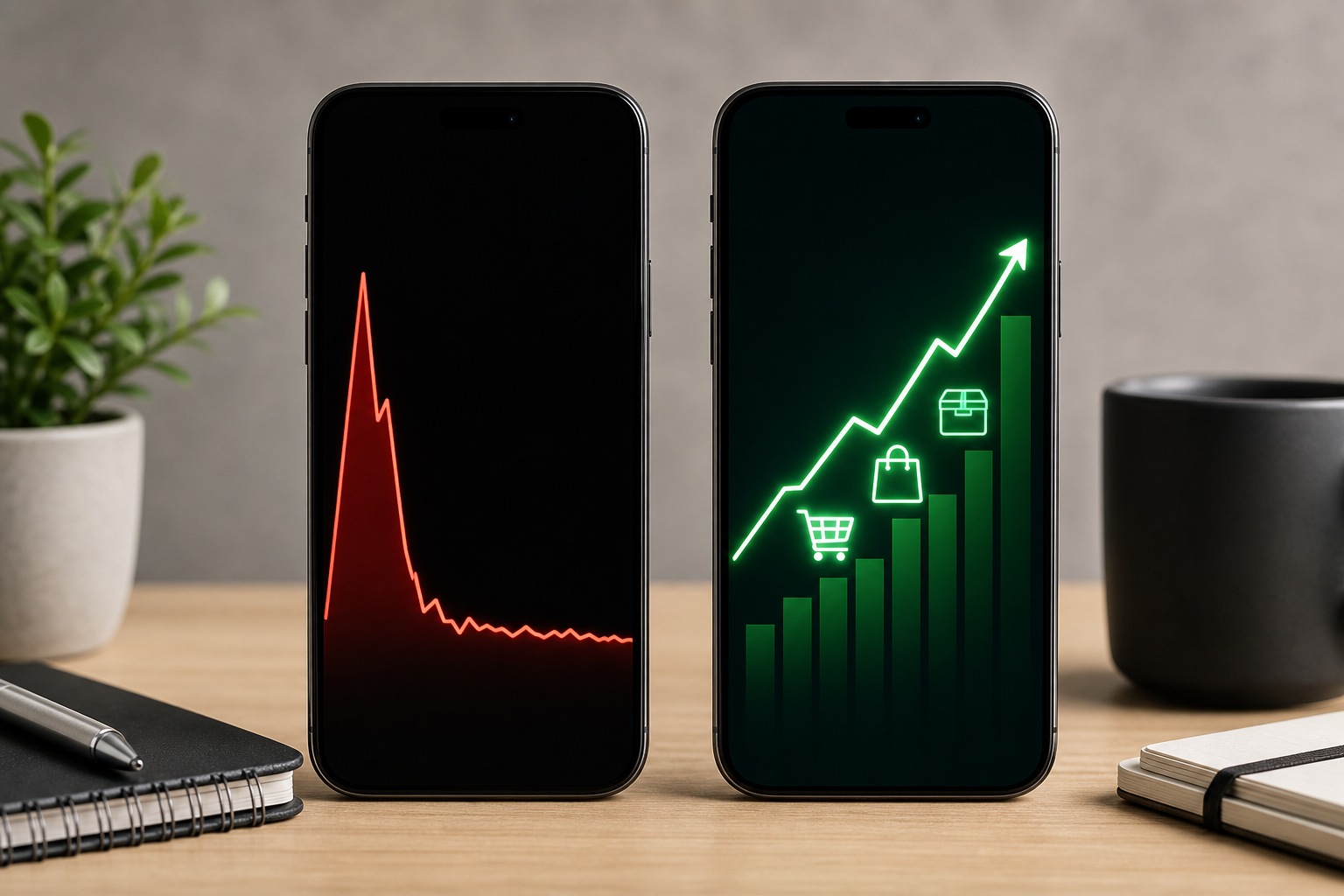 一時的なバズと成果につながるバズを比較するスマートフォン2台