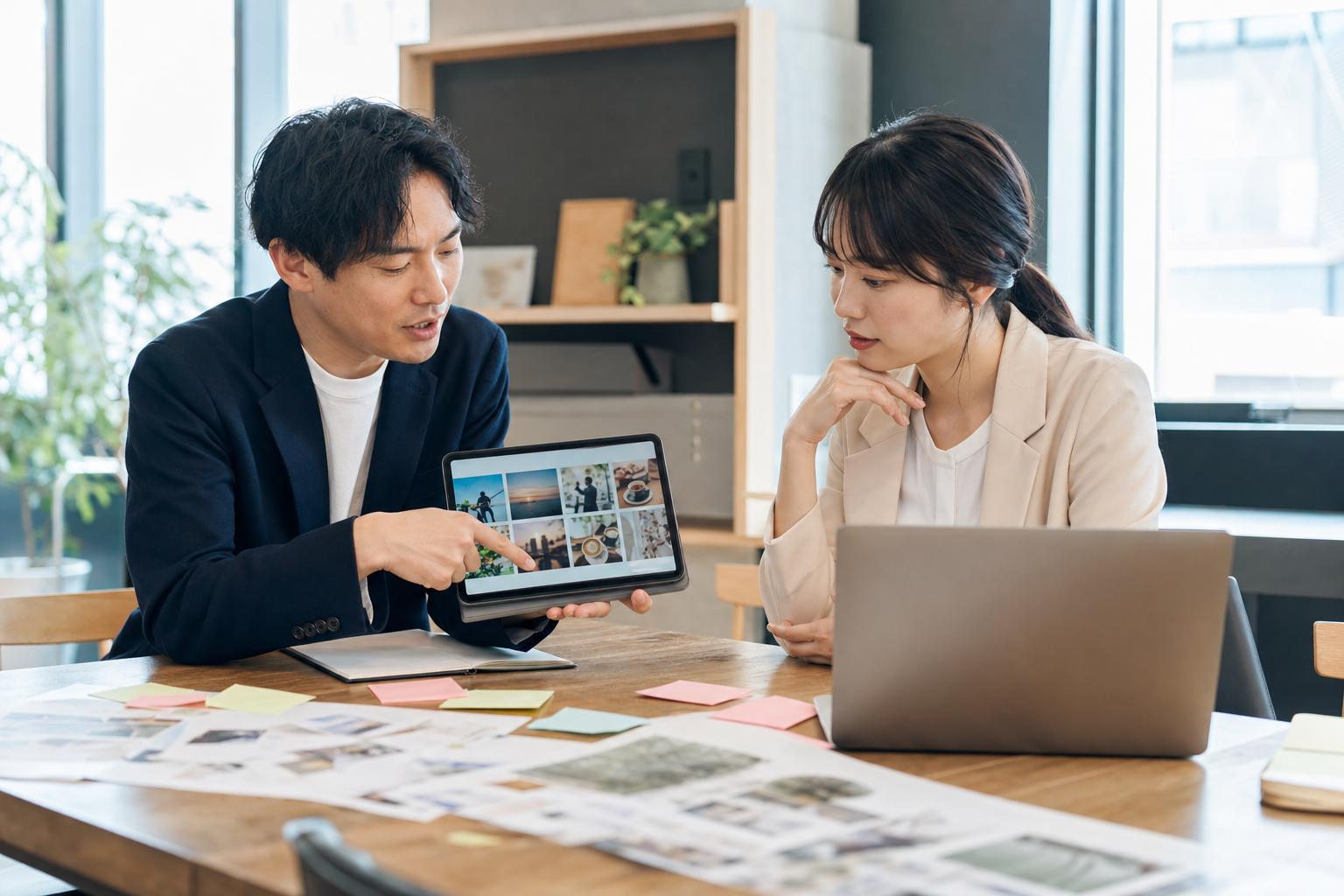 タブレットを見ながらフィード投稿の設計を話し合う担当者たち