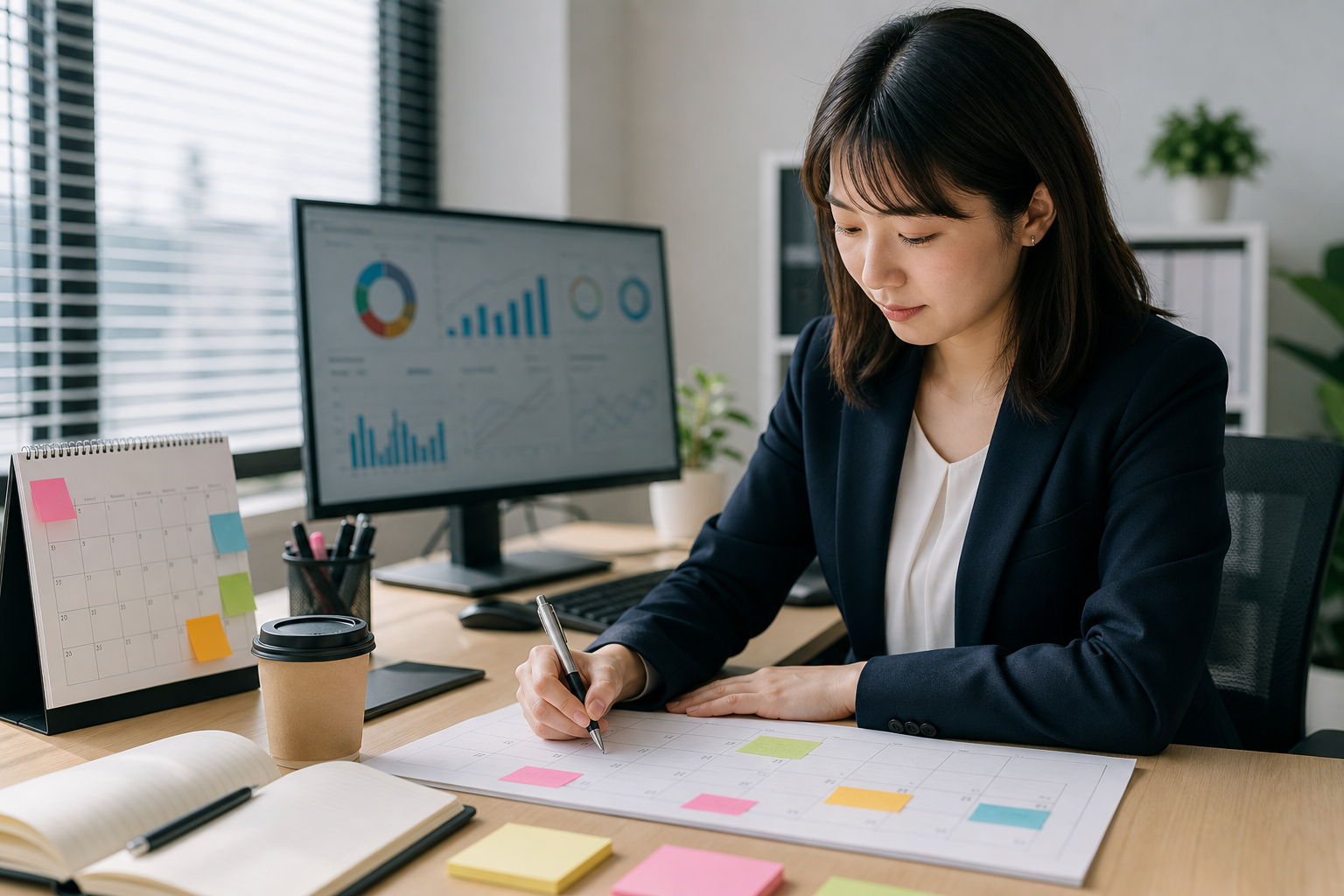 月次の分析ステップを整理しながら作業するSNS担当者