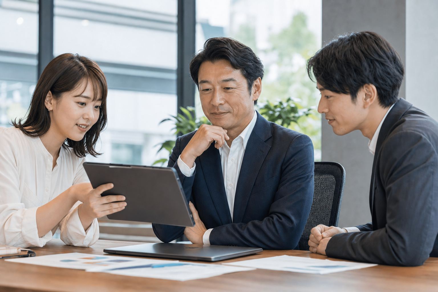 投稿を承認前に確認するSNS運用チームの打ち合わせ