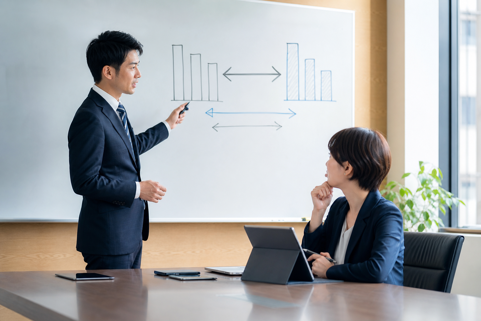 複数のSNSを比較し資源配分を検討する会議の様子