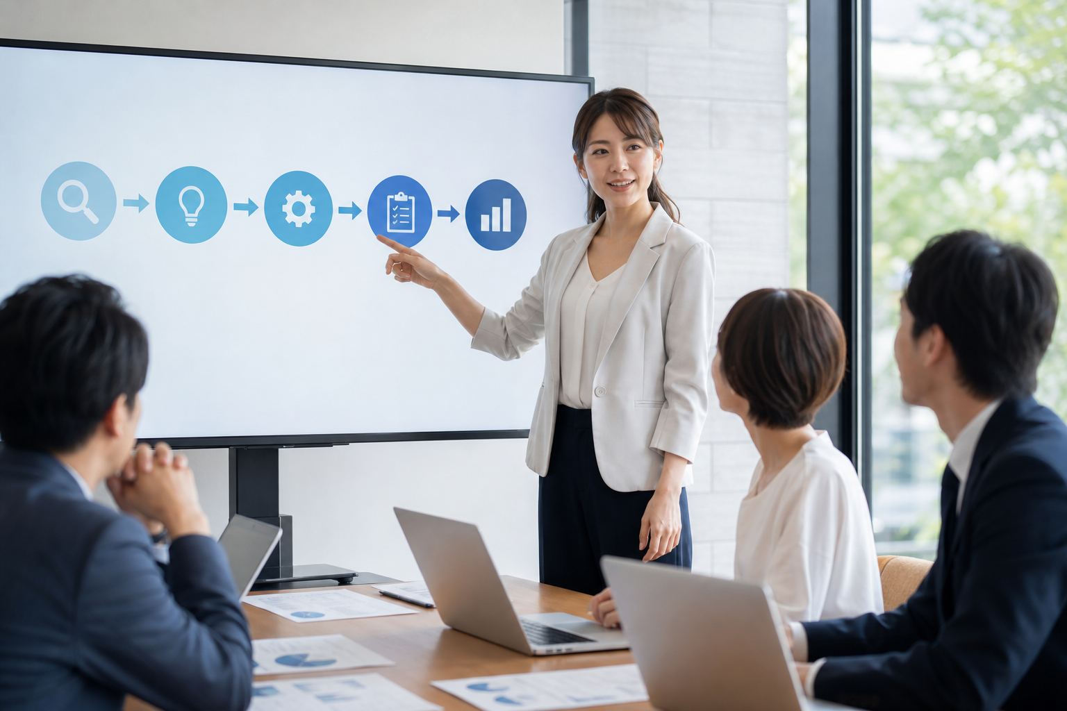 会議室でモニターを使い6ステップの進め方を説明する担当者