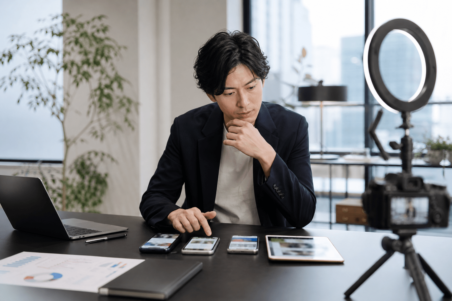 複数のSNS媒体を比較しながら自社に合う媒体を選ぶマーケティング担当者