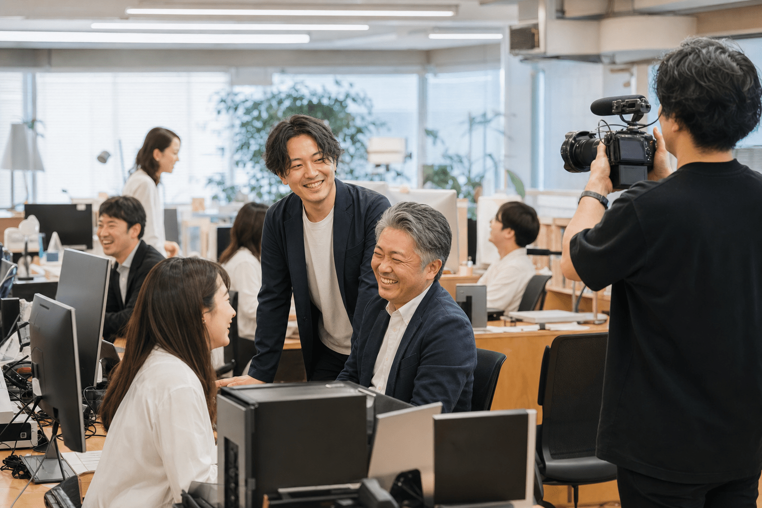 オフィスで自然に会話する社員たちをカメラで撮影する様子