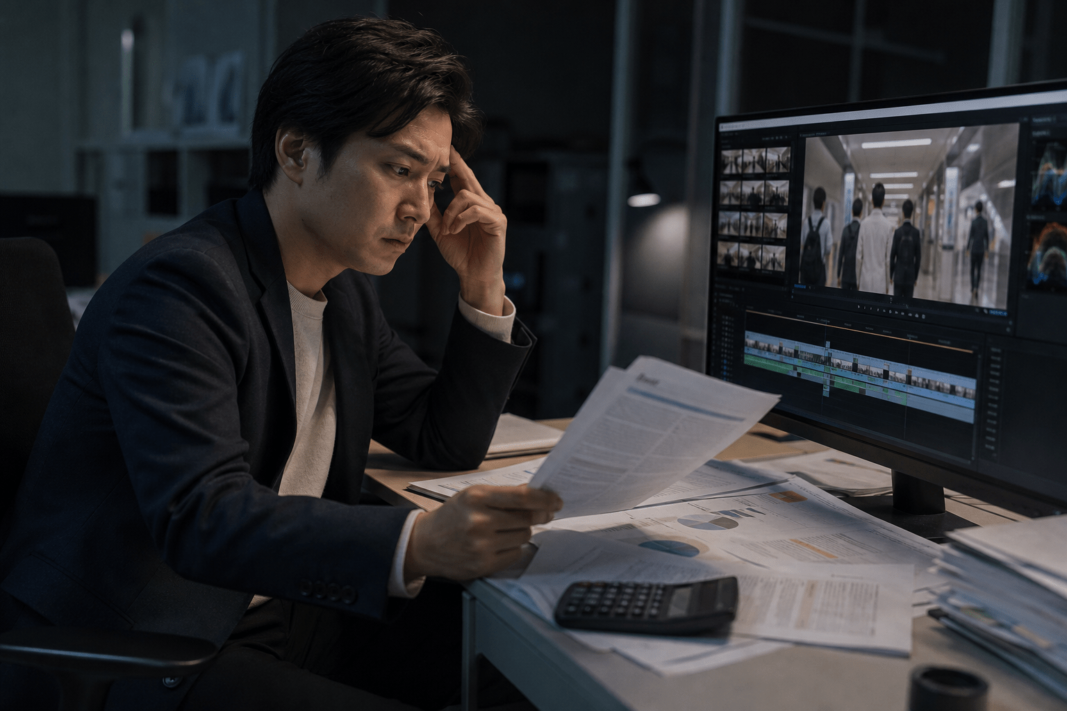 手ブレした映像を確認しながら予算資料を見て困惑するマーケティング担当者