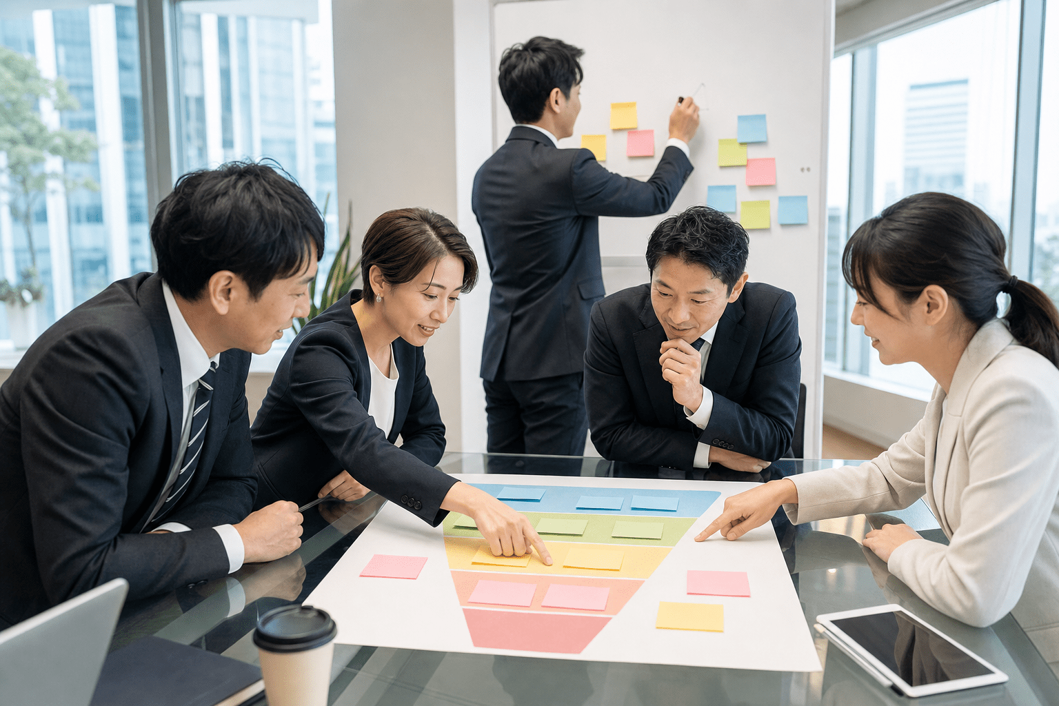 KPI設計のためにファネル構造を検討する日本企業のチーム