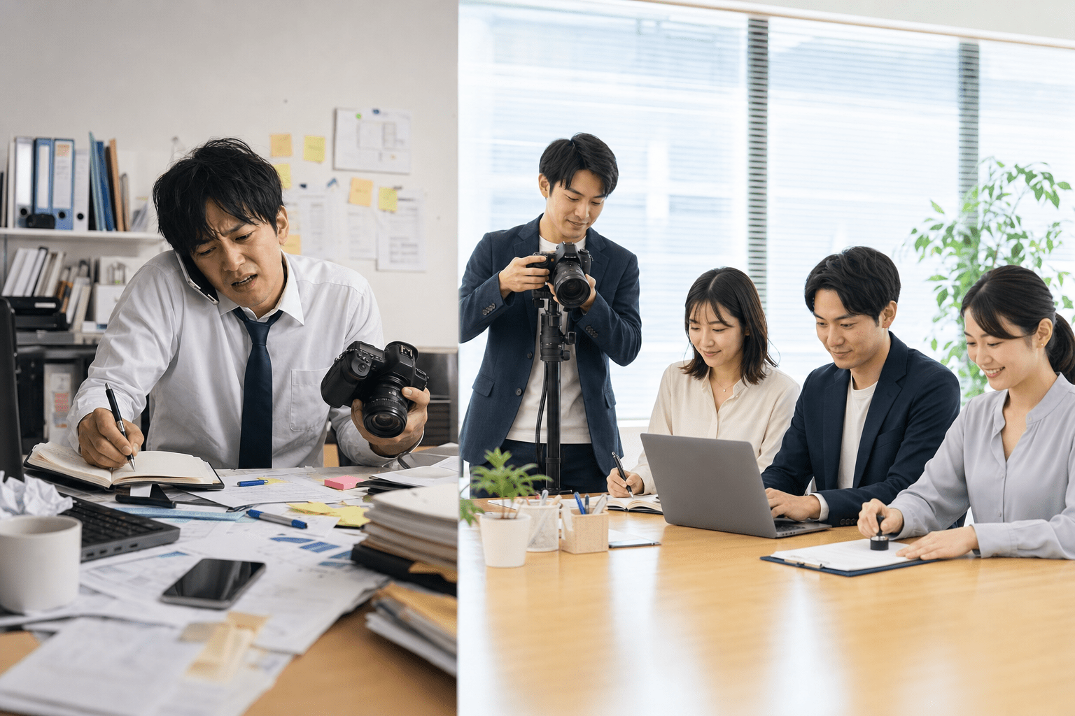 SNS運用の1人運用の負担と役割分担されたチーム体制の対比