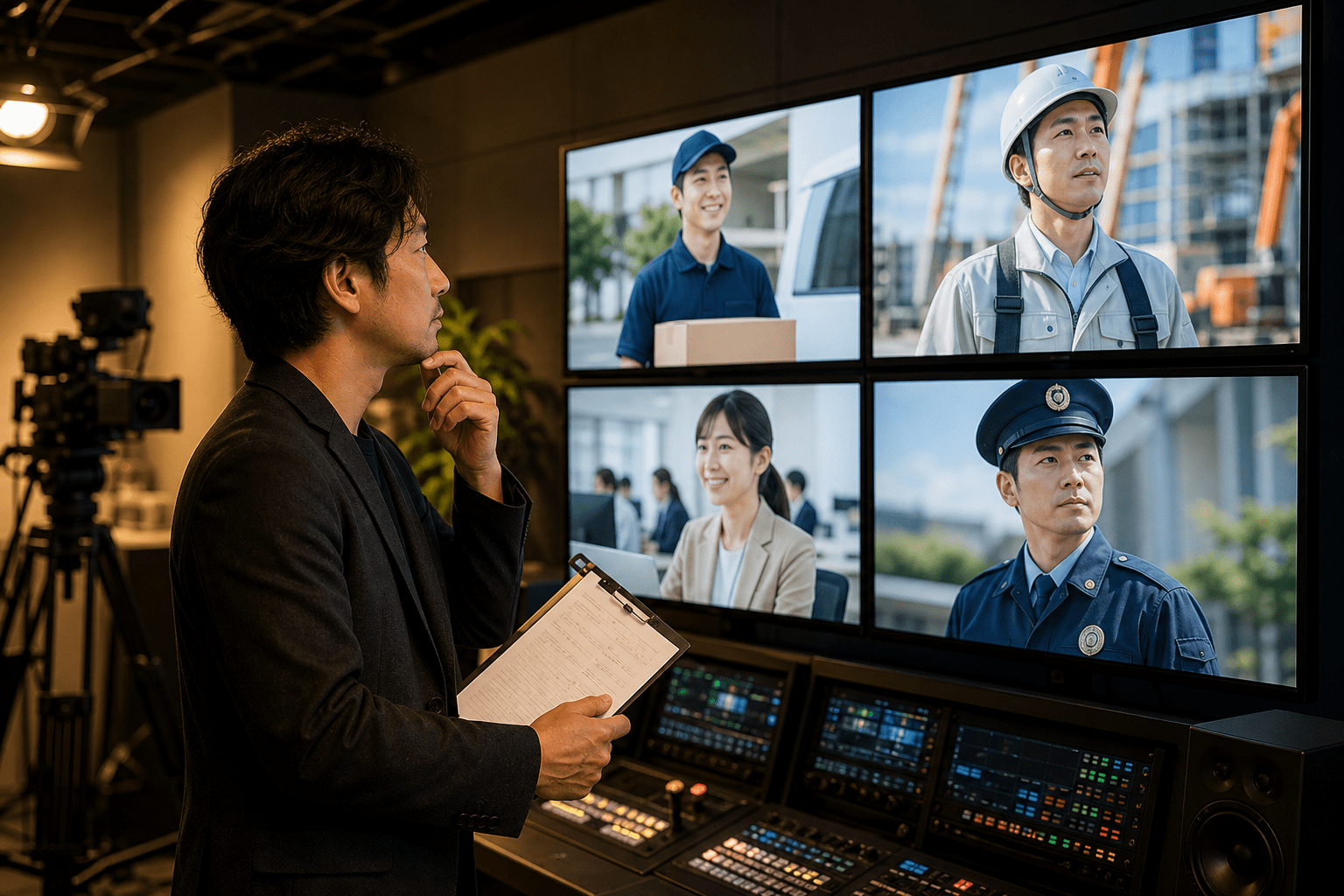 複数のモニターに様々な業種の採用動画を映し出す映像制作スタジオ