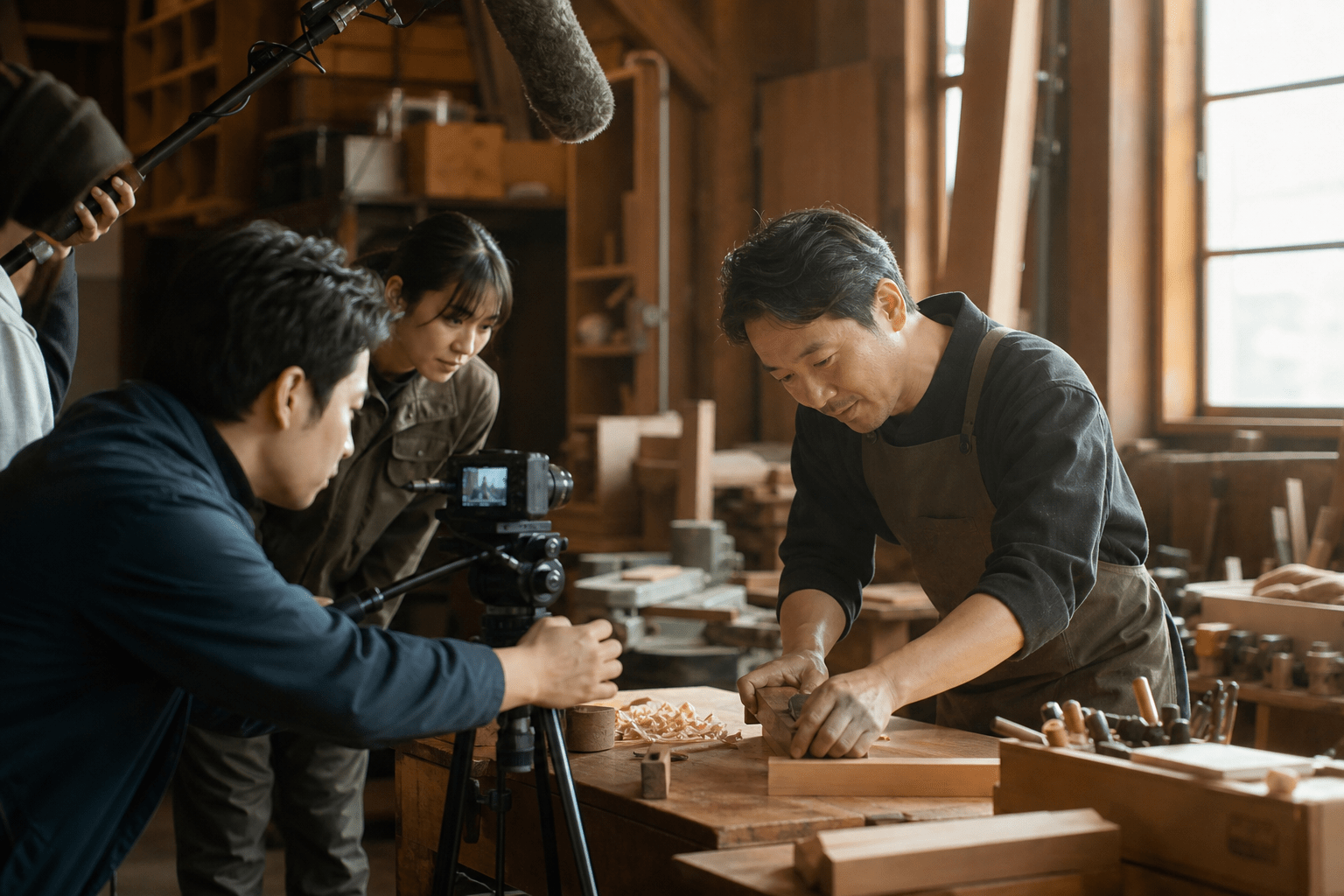 自社の一次情報を動画で発信する日本企業の経営者と撮影スタッフ