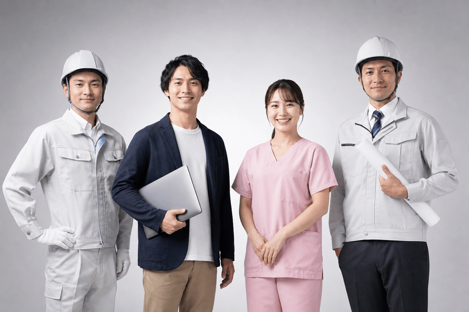 工場・IT・介護・建設など異なる業種で働く人々が並ぶ様子